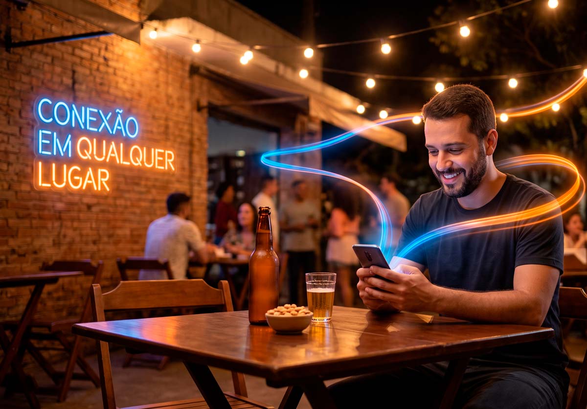 Homem sorrindo usando o celular em um barzinho, representando os planos de telefonia móvel ilognet em Itabaiana e Areia Branca, Sergipe